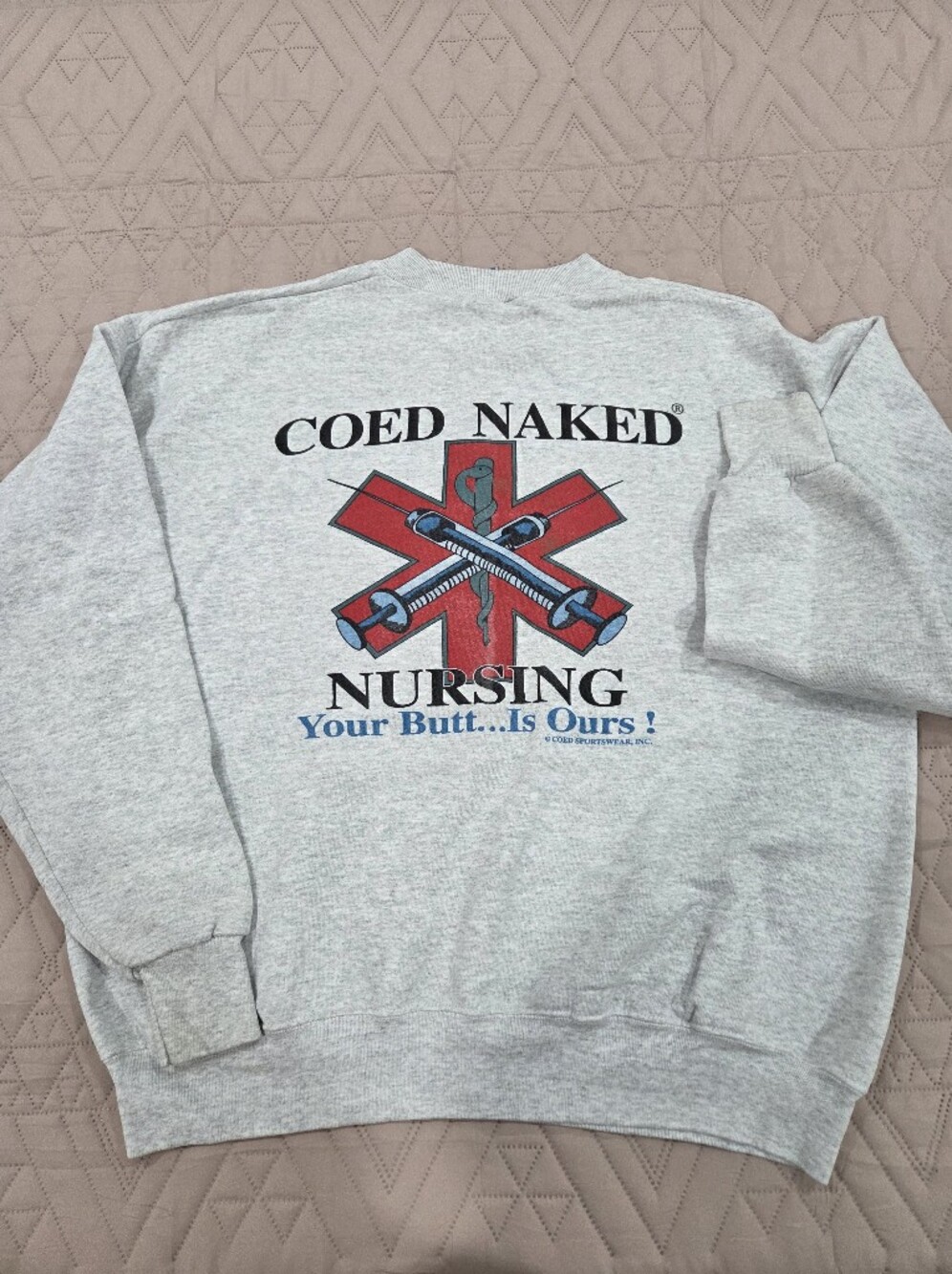 Vintage 90s Coed Naked Nursing Crewneck Sweatshirt Grey Size XL